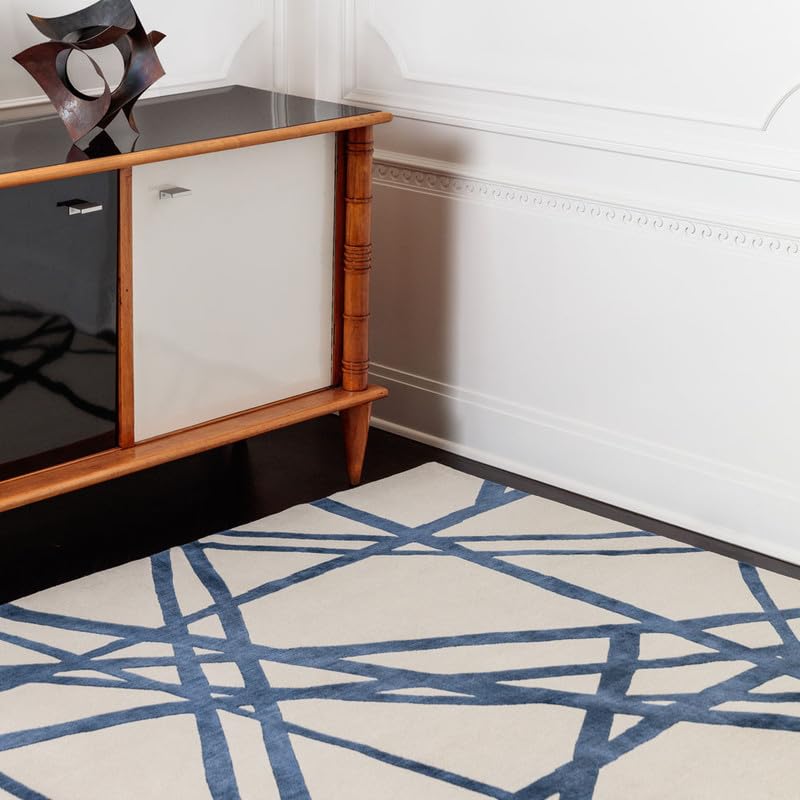 ZORA CARPET Cream & Blue Handmade Tuffted Blended Pure Woollen Carpet for Livin...